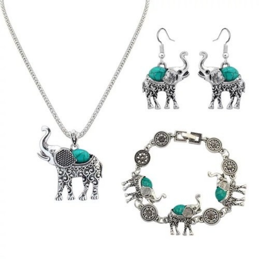 Retro 3pc Elephant Necklace Bracelet Earring Set